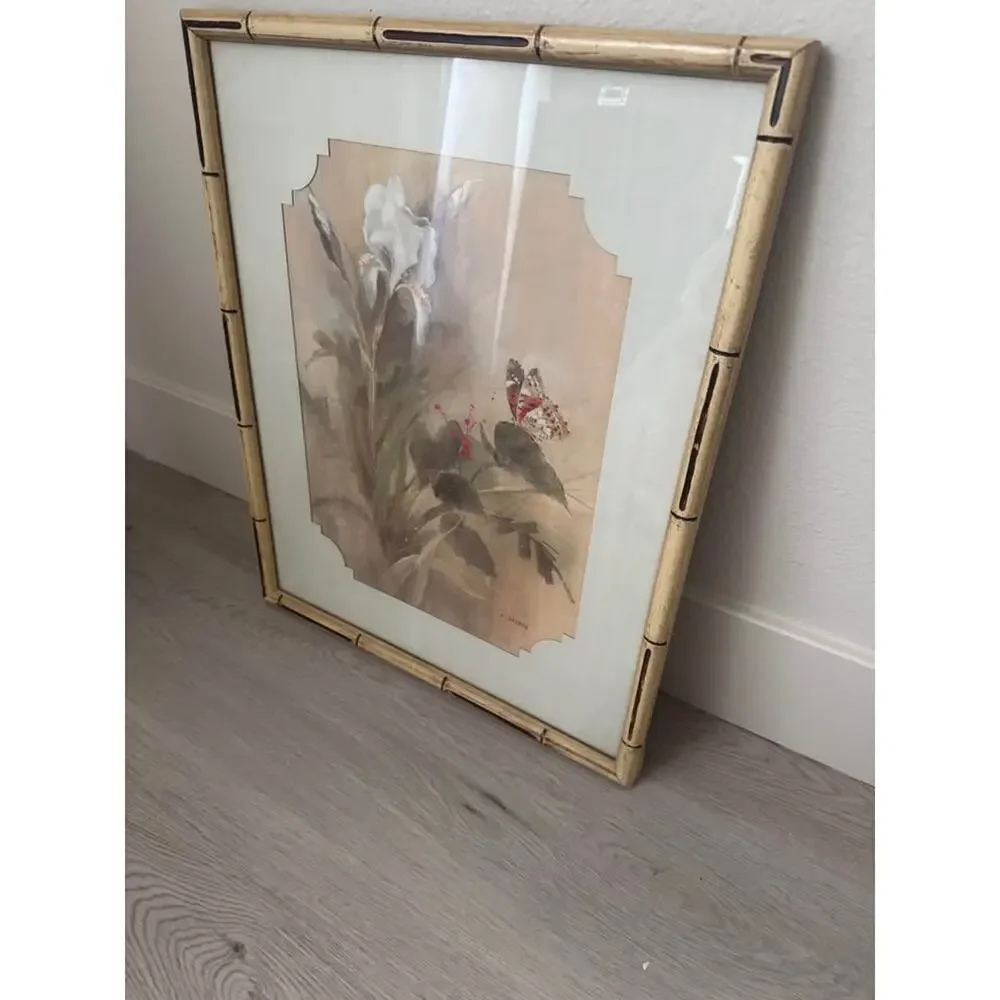 Lili Gaydos Iris and Butterfly Print Art with Bamboo Frame 1978 - Picture 2 of 3